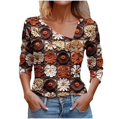 Floral Women's Top – Skew Neckline with Quarter-Length Sleeves