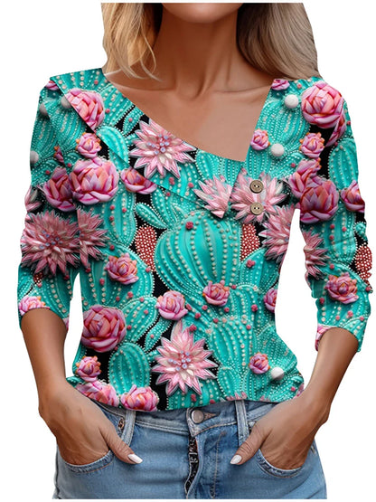 Floral Women's Top – Skew Neckline with Quarter-Length Sleeves