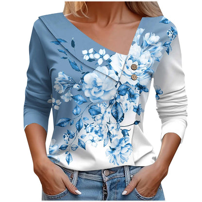 Floral Women's Top – Skew Neckline with Quarter-Length Sleeves