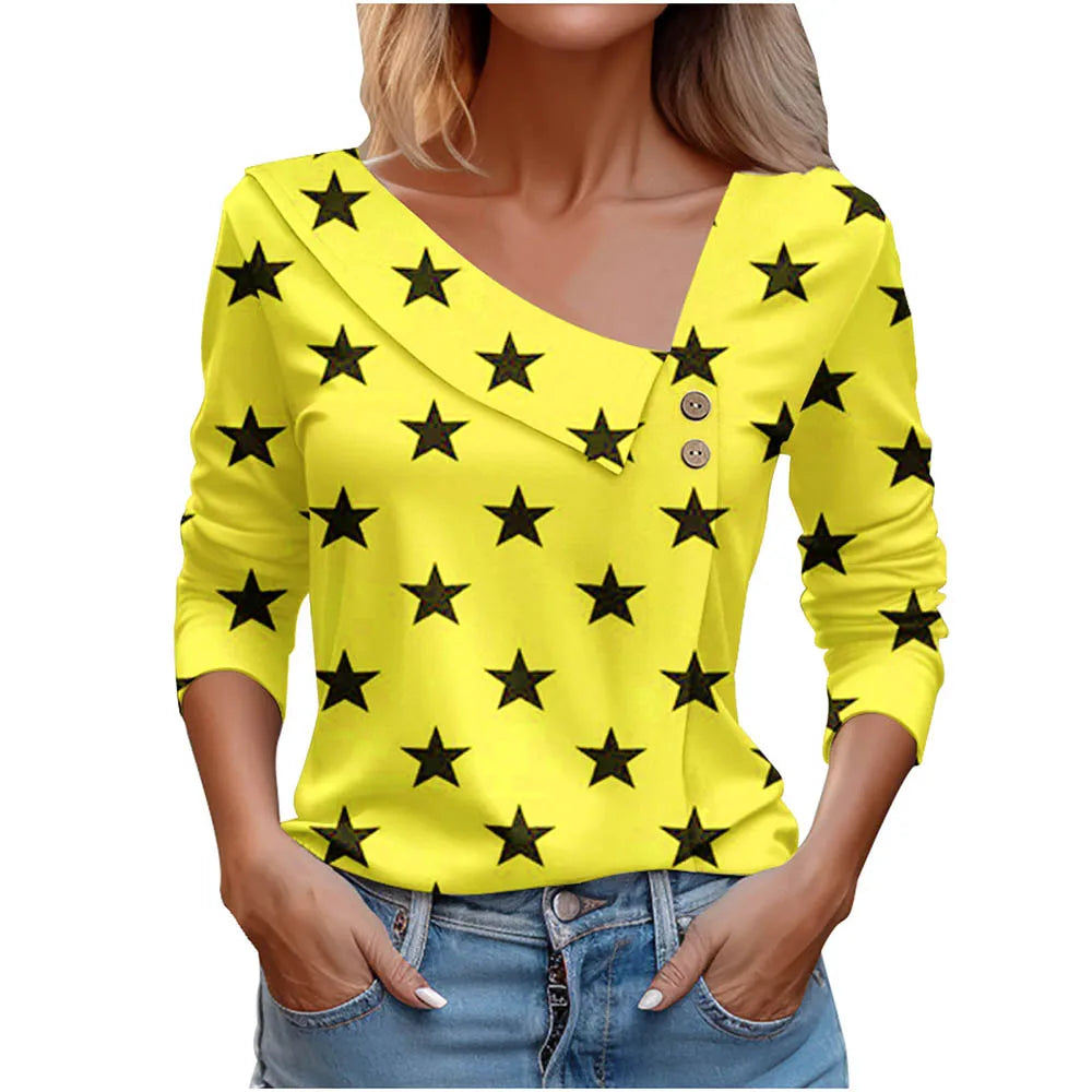 Floral Women's Top – Skew Neckline with Quarter-Length Sleeves