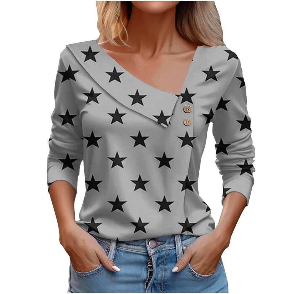 Floral Women's Top – Skew Neckline with Quarter-Length Sleeves