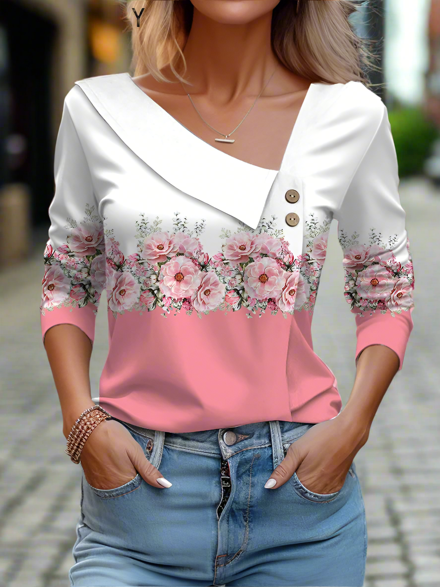 Floral Women's Top – Skew Neckline with Quarter-Length Sleeves