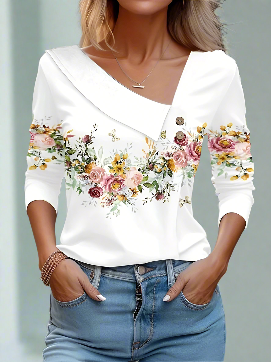 Floral Women's Top – Skew Neckline with Quarter-Length Sleeves