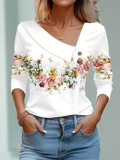 Floral Women's Top – Skew Neckline with Quarter-Length Sleeves