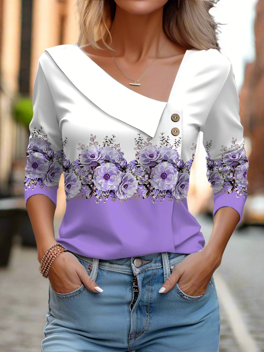 Floral Women's Top – Skew Neckline with Quarter-Length Sleeves