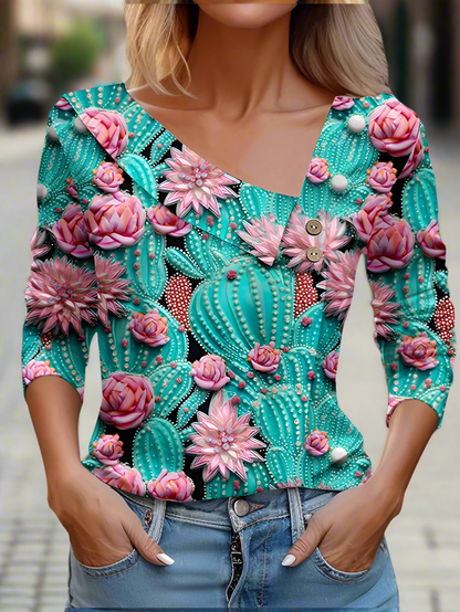 Floral Women's Top – Skew Neckline with Quarter-Length Sleeves
