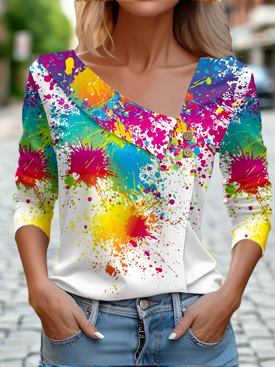 Floral Women's Top – Skew Neckline with Quarter-Length Sleeves