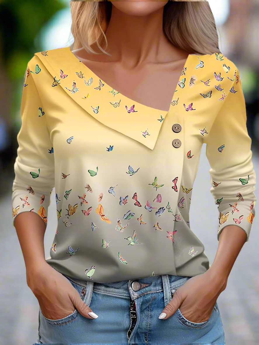 Floral Women's Top – Skew Neckline with Quarter-Length Sleeves
