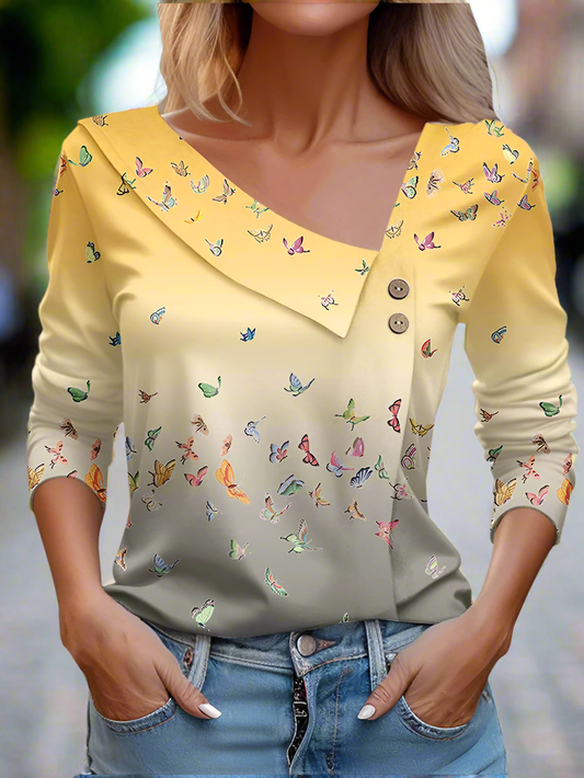 Floral Women's Top – Skew Neckline with Quarter-Length Sleeves
