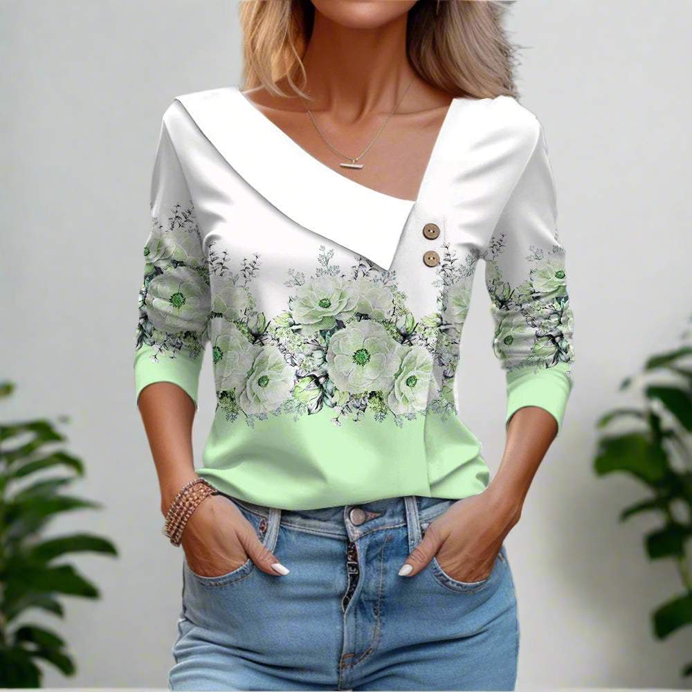 Floral Women's Top – Skew Neckline with Quarter-Length Sleeves