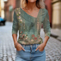 Floral Women's Top – Skew Neckline with Quarter-Length Sleeves