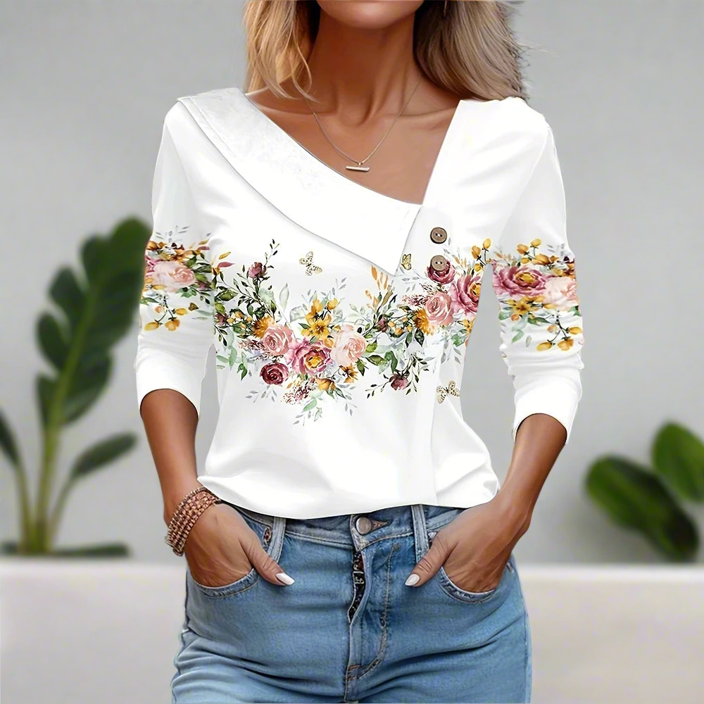 Floral Women's Top – Skew Neckline with Quarter-Length Sleeves