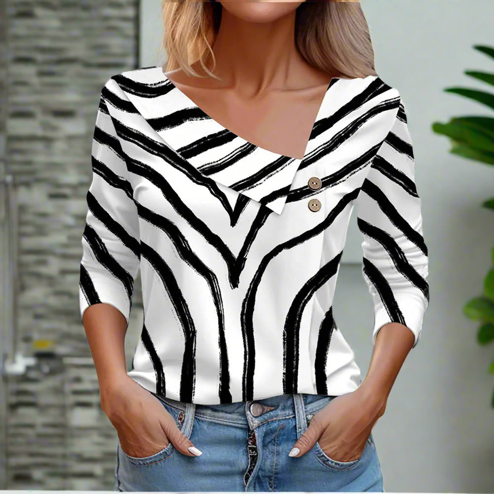 Floral Women's Top – Skew Neckline with Quarter-Length Sleeves