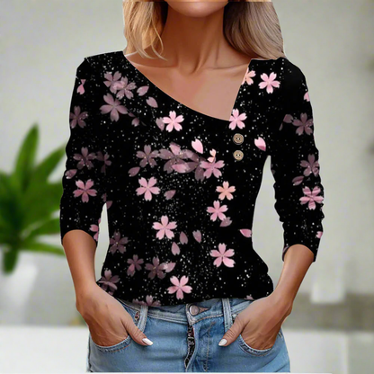Floral Women's Top – Skew Neckline with Quarter-Length Sleeves