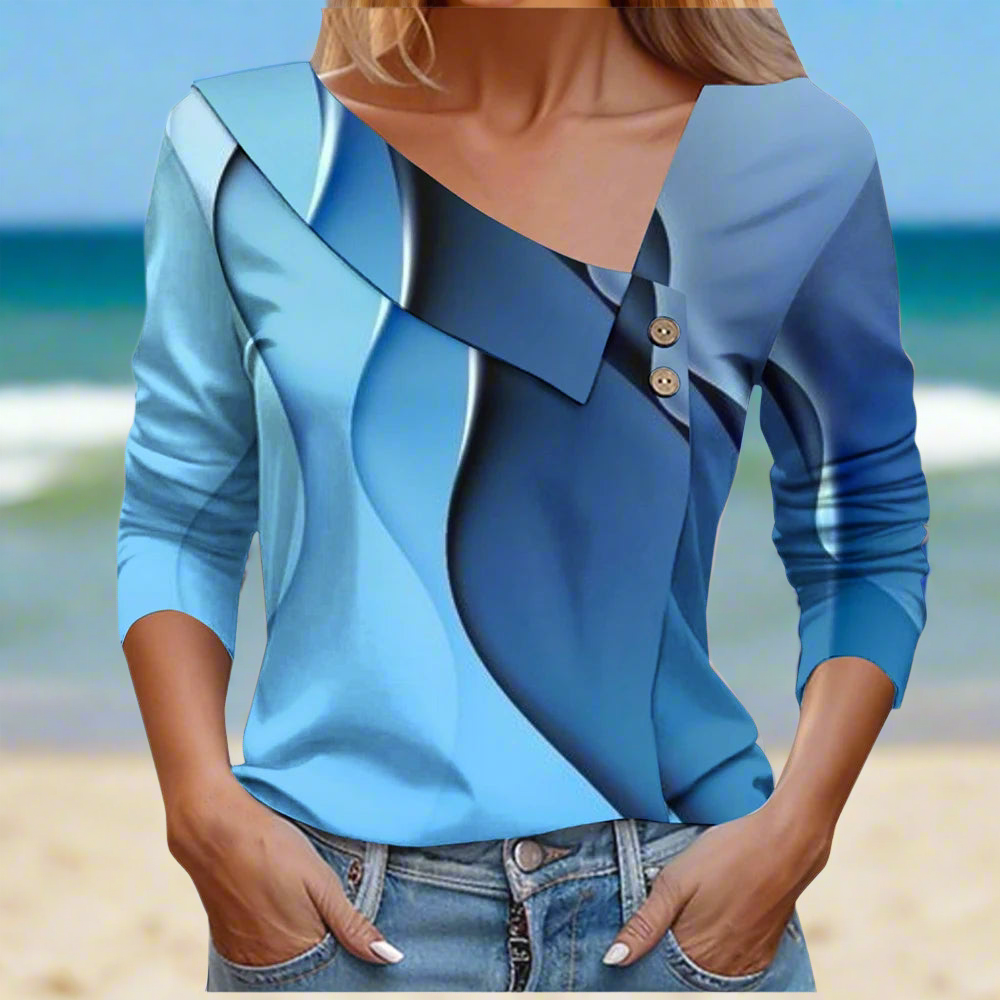 Floral Women's Top – Skew Neckline with Quarter-Length Sleeves