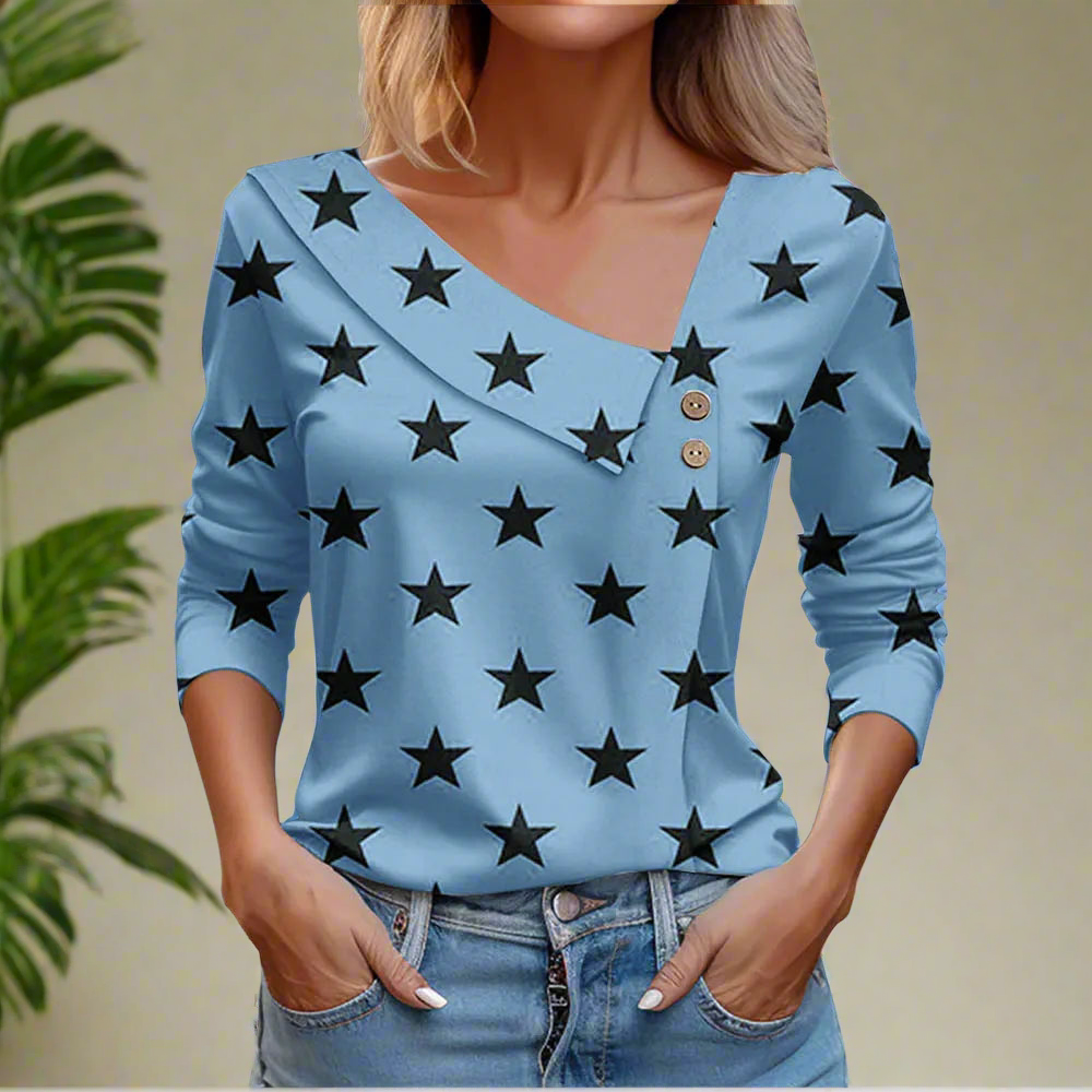 Floral Women's Top – Skew Neckline with Quarter-Length Sleeves