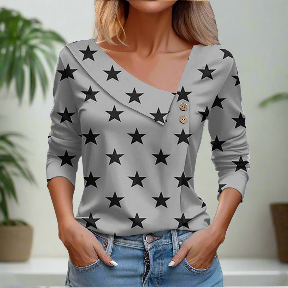 Floral Women's Top – Skew Neckline with Quarter-Length Sleeves