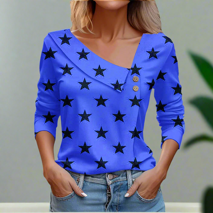 Floral Women's Top – Skew Neckline with Quarter-Length Sleeves