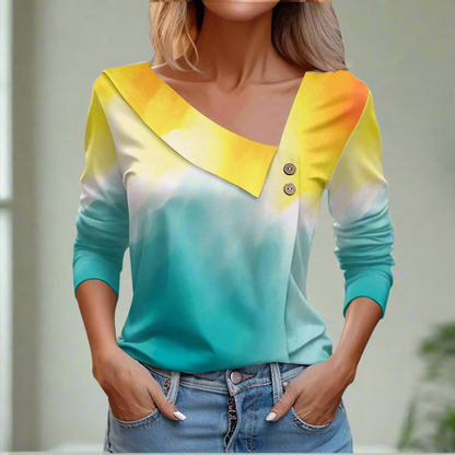 Floral Women's Top – Skew Neckline with Quarter-Length Sleeves