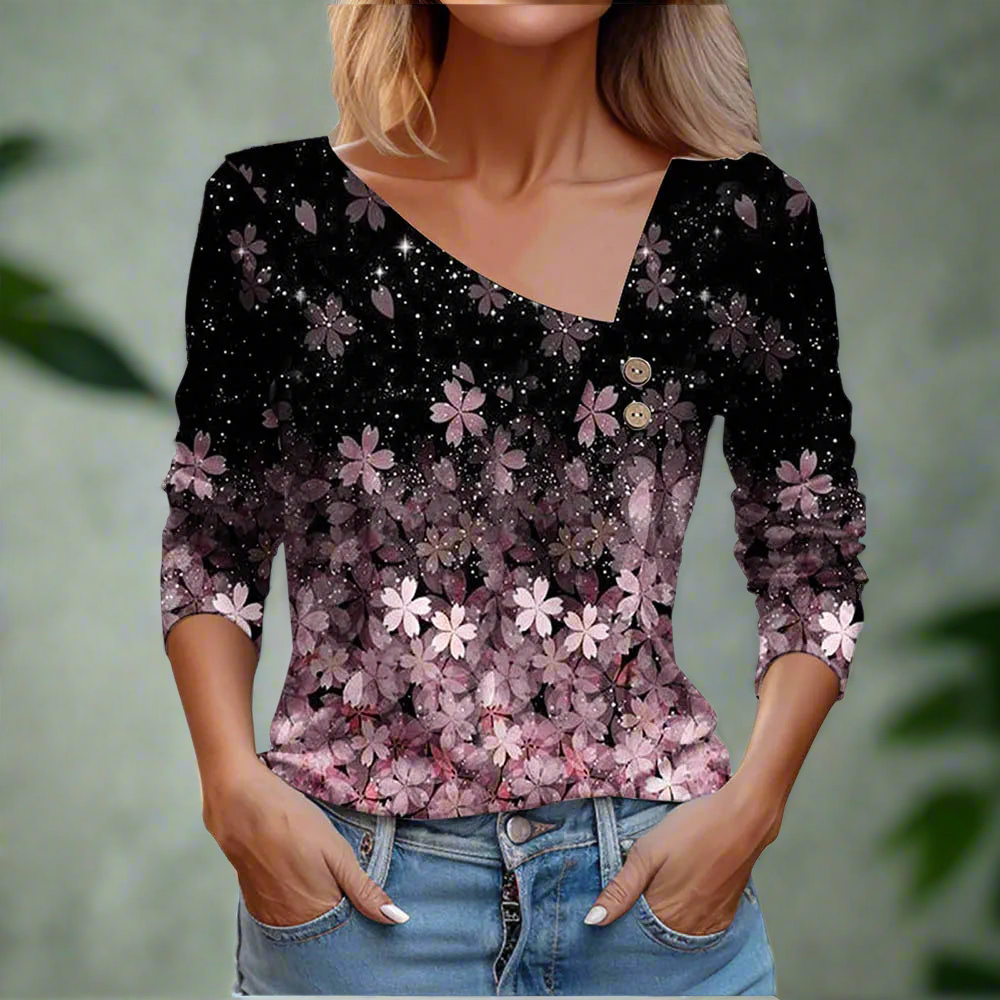 Floral Women's Top – Skew Neckline with Quarter-Length Sleeves
