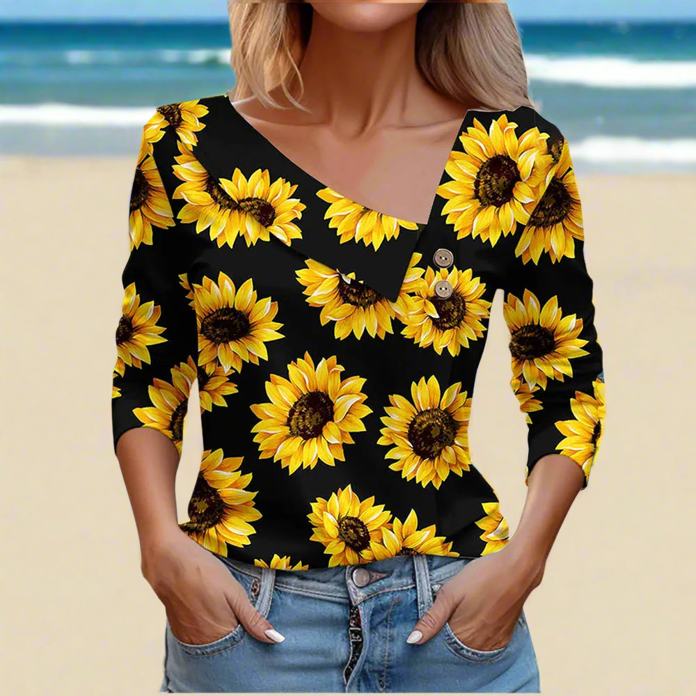 Floral Women's Top – Skew Neckline with Quarter-Length Sleeves