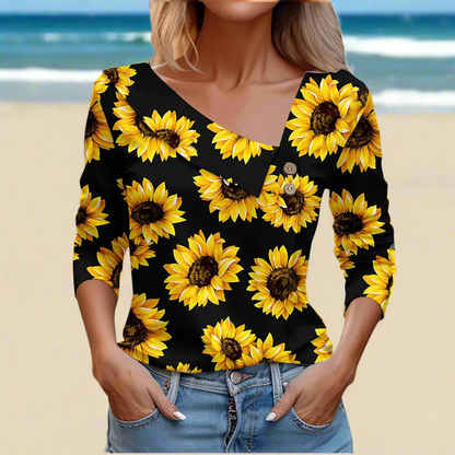Floral Women's Top – Skew Neckline with Quarter-Length Sleeves