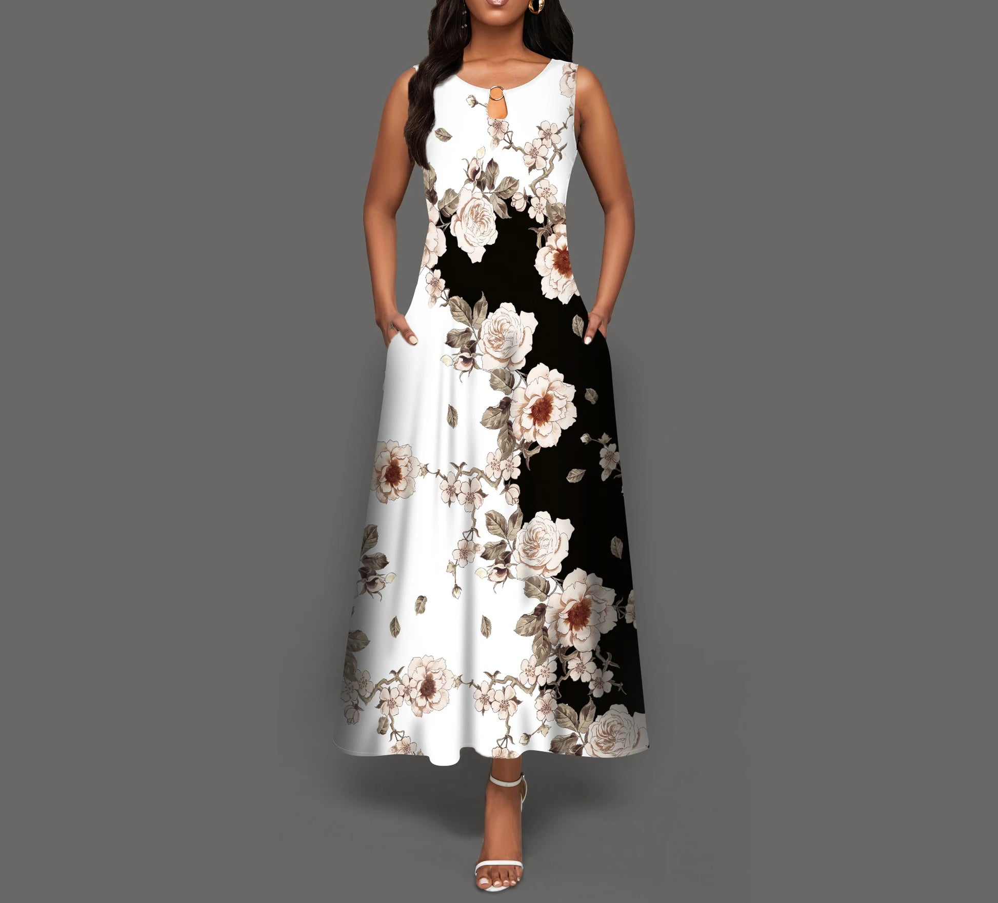 Sleeveless V-Neck Floral Dress with Pocket Skirt Collection - ALOE WINGS STORE