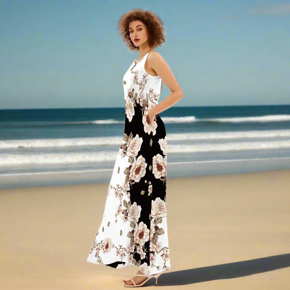 Sleeveless V-Neck Floral Dress with Pocket Skirt Collection - ALOE WINGS STORE