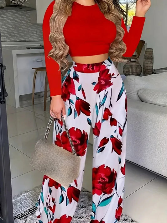 Women's Casual Two-Piece Set: Solid Long-Sleeve O-Neck Top and Floral Print Wide-Leg Trousers - ALOE WINGS STORE