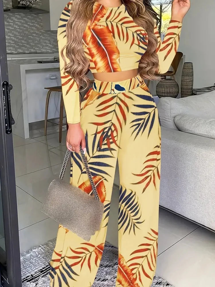 Women's Casual Two-Piece Set: Solid Long-Sleeve O-Neck Top and Floral Print Wide-Leg Trousers - ALOE WINGS STORE