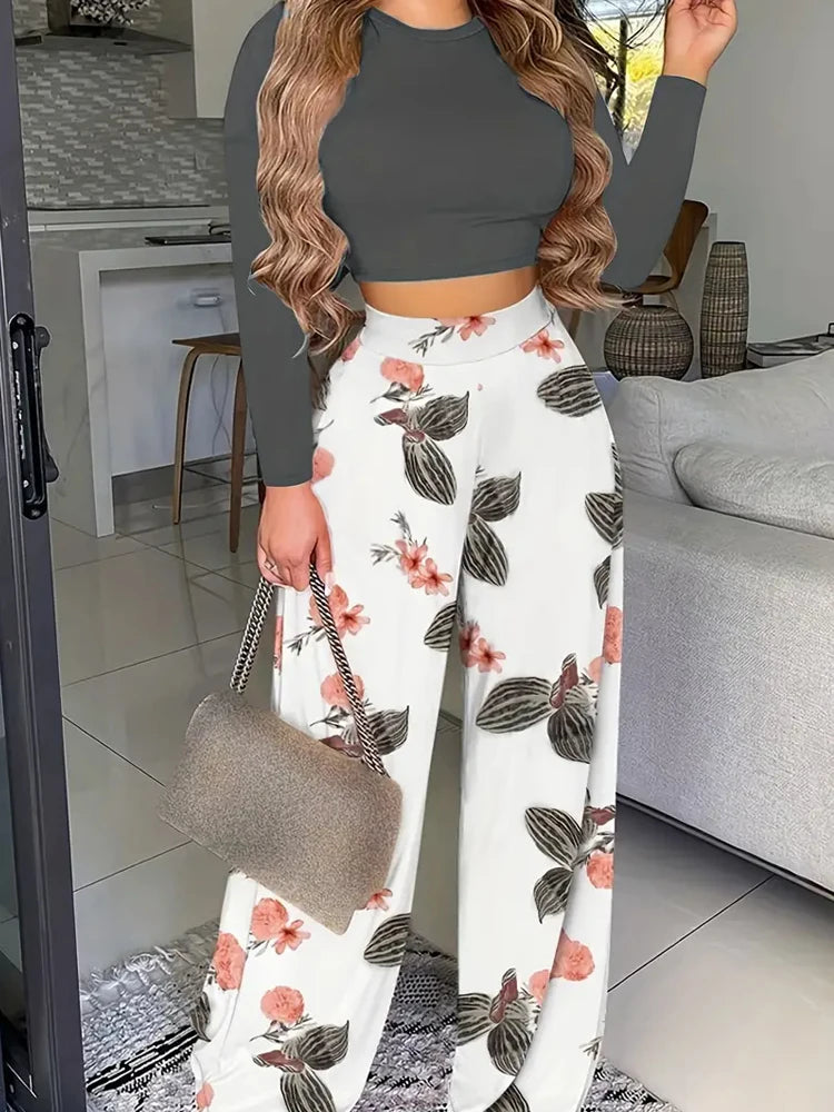 Women's Casual Two-Piece Set: Solid Long-Sleeve O-Neck Top and Floral Print Wide-Leg Trousers - ALOE WINGS STORE