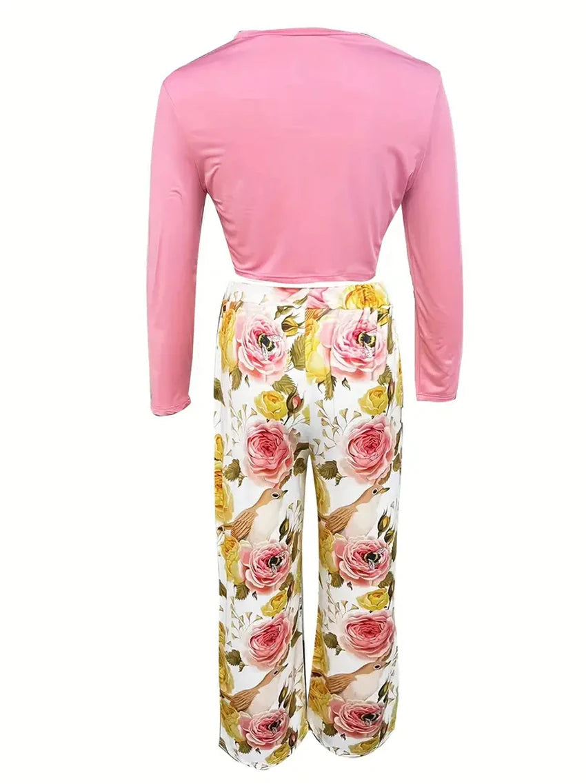 Women's Casual Two-Piece Set: Solid Long-Sleeve O-Neck Top and Floral Print Wide-Leg Trousers - ALOE WINGS STORE