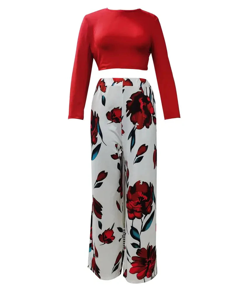 Women's Casual Two-Piece Set: Solid Long-Sleeve O-Neck Top and Floral Print Wide-Leg Trousers - ALOE WINGS STORE