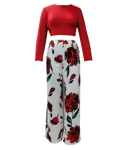 Women's Casual Two-Piece Set: Solid Long-Sleeve O-Neck Top and Floral Print Wide-Leg Trousers - ALOE WINGS STORE