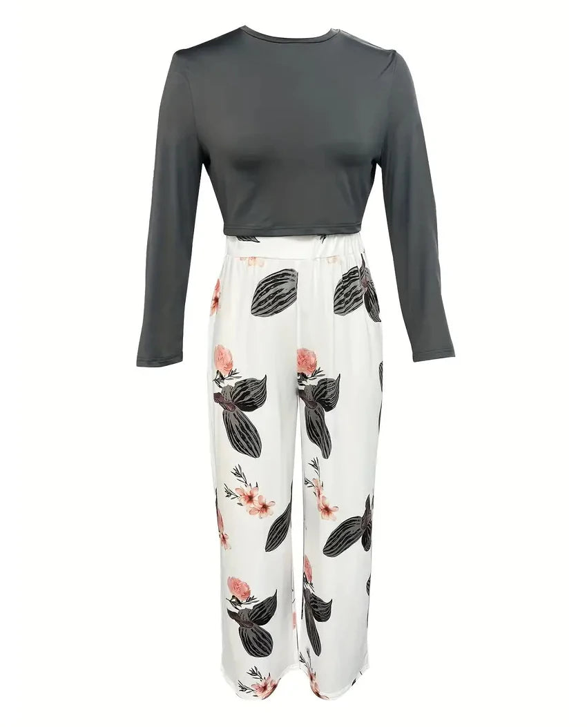 Women's Casual Two-Piece Set: Solid Long-Sleeve O-Neck Top and Floral Print Wide-Leg Trousers - ALOE WINGS STORE