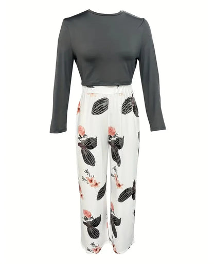 Women's Casual Two-Piece Set: Solid Long-Sleeve O-Neck Top and Floral Print Wide-Leg Trousers - ALOE WINGS STORE