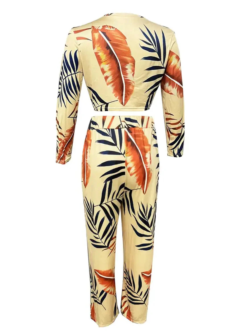 Women's Casual Two-Piece Set: Solid Long-Sleeve O-Neck Top and Floral Print Wide-Leg Trousers - ALOE WINGS STORE