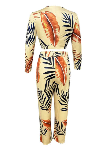 Women's Casual Two-Piece Set: Solid Long-Sleeve O-Neck Top and Floral Print Wide-Leg Trousers - ALOE WINGS STORE