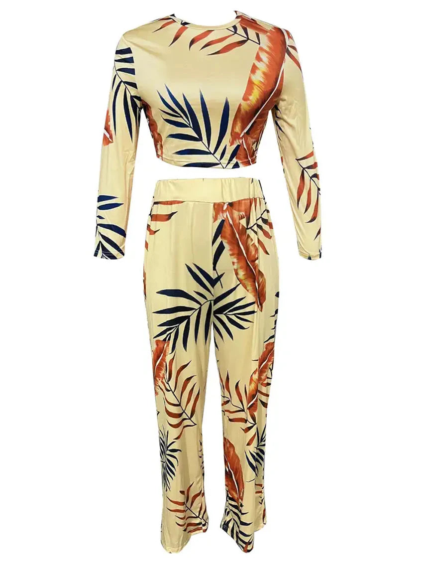 Women's Casual Two-Piece Set: Solid Long-Sleeve O-Neck Top and Floral Print Wide-Leg Trousers - ALOE WINGS STORE