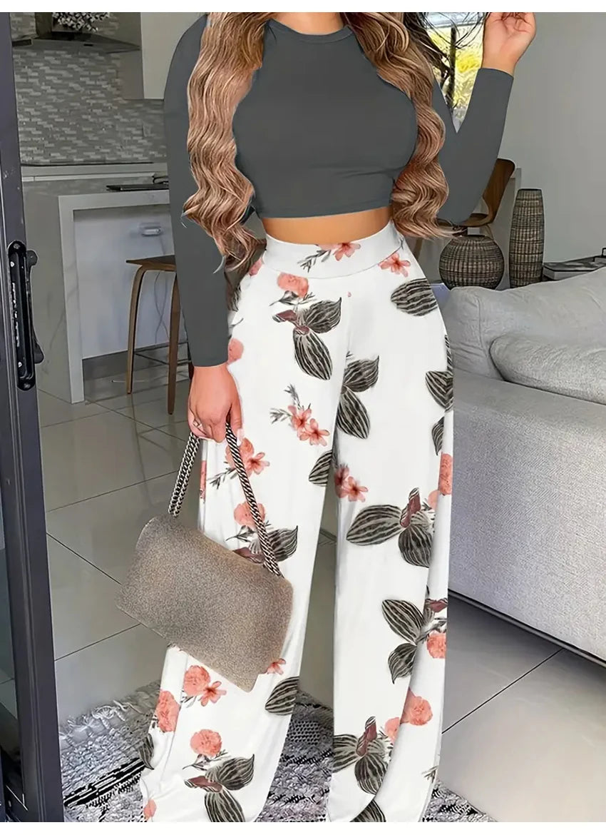 Women's Casual Two-Piece Set: Solid Long-Sleeve O-Neck Top and Floral Print Wide-Leg Trousers - ALOE WINGS STORE