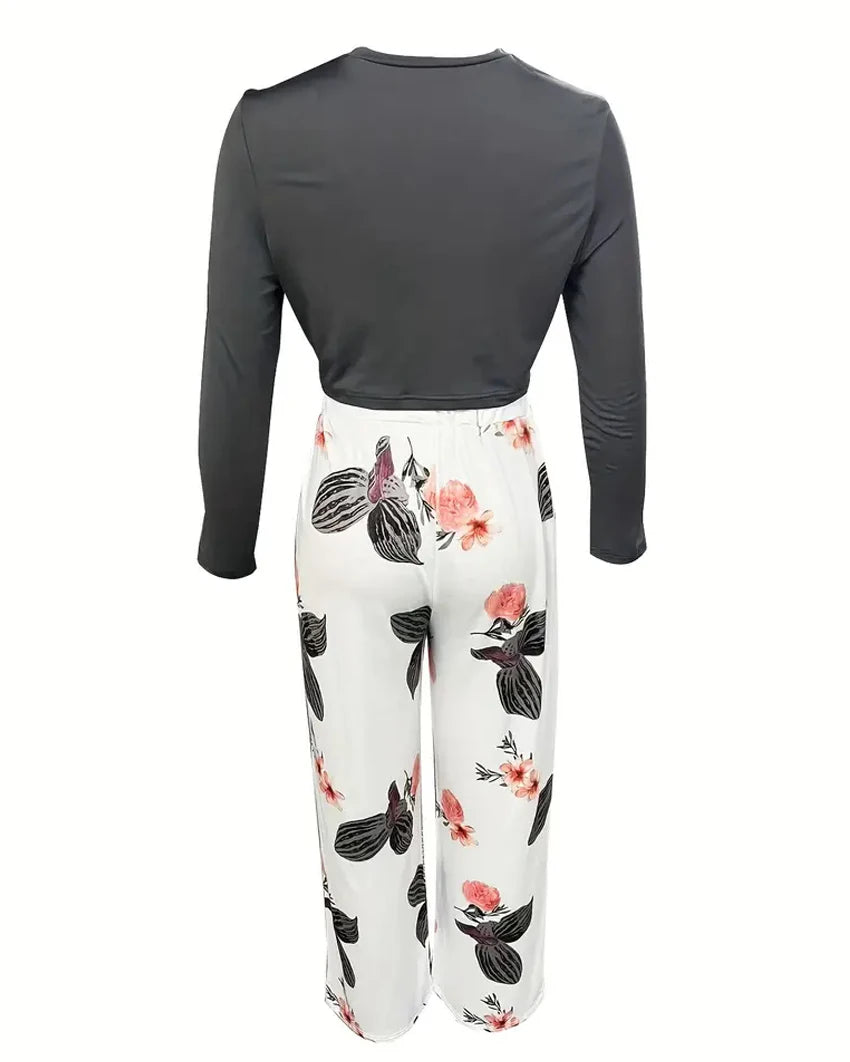 Women's Casual Two-Piece Set: Solid Long-Sleeve O-Neck Top and Floral Print Wide-Leg Trousers - ALOE WINGS STORE