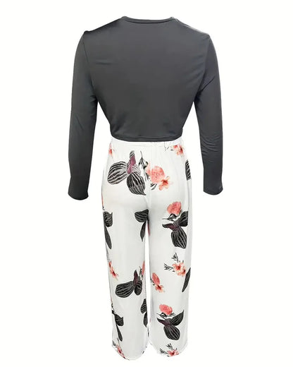 Women's Casual Two-Piece Set: Solid Long-Sleeve O-Neck Top and Floral Print Wide-Leg Trousers - ALOE WINGS STORE