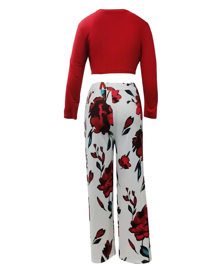 Women's Casual Two-Piece Set: Solid Long-Sleeve O-Neck Top and Floral Print Wide-Leg Trousers - ALOE WINGS STORE