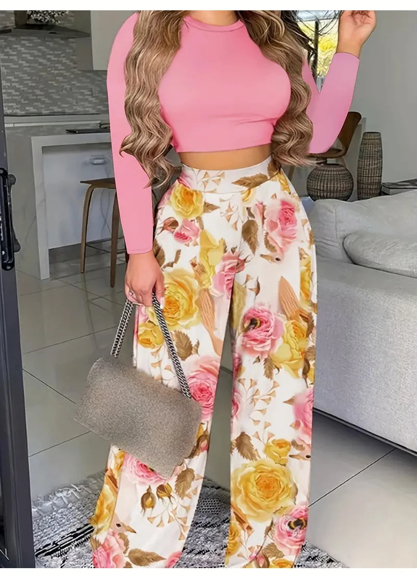 Women's Casual Two-Piece Set: Solid Long-Sleeve O-Neck Top and Floral Print Wide-Leg Trousers - ALOE WINGS STORE