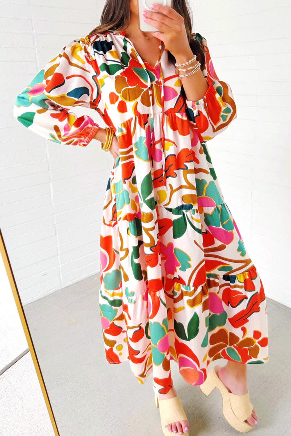 Orange Floral Split V-Neck Tiered Maxi Dress - ALOE WINGS STORE