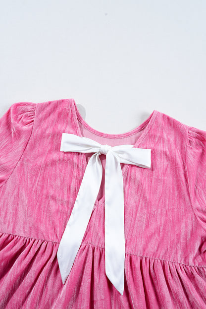 Strawberry Pink Tiered Ruffled Velvet Mini Dress with Flounce Sleeves - ALOE WINGS STORE