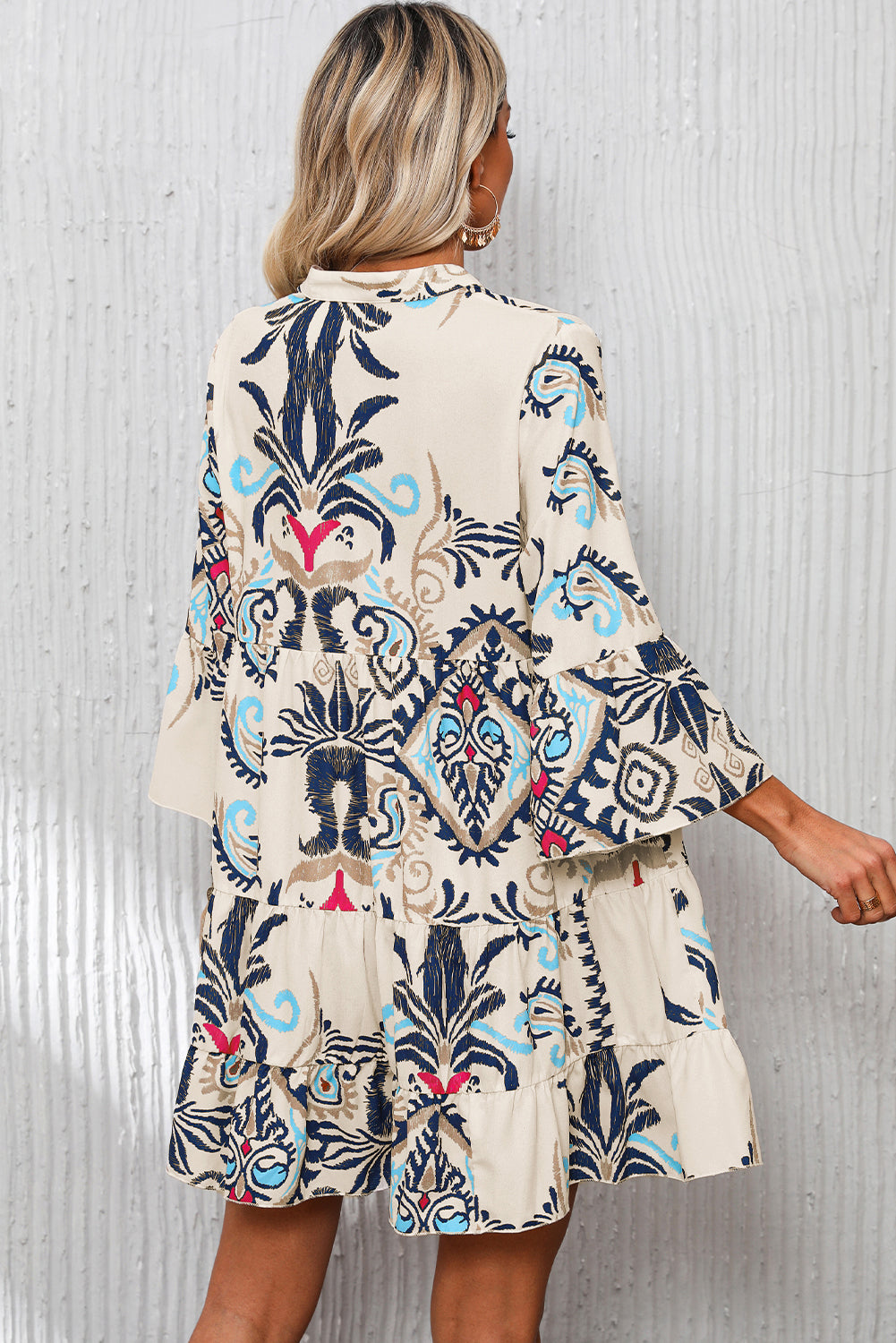 White Tribal Print Mini Dress with Buttoned Bracelet Sleeves - ALOE WINGS STORE