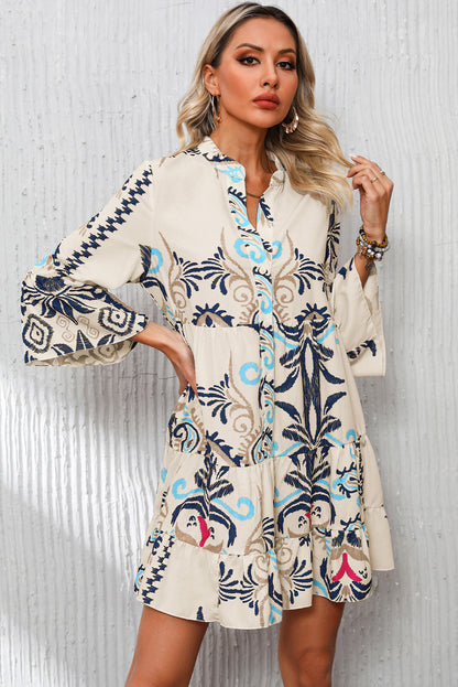 White Tribal Print Mini Dress with Buttoned Bracelet Sleeves - ALOE WINGS STORE