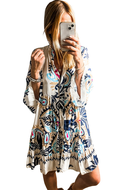 White Tribal Print Mini Dress with Buttoned Bracelet Sleeves - ALOE WINGS STORE