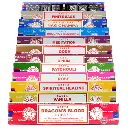 Satya Nag Champa Incense Sticks | 12 unique and premium flavours |  incense stick holder for Aromatherapy, Incense Spa, Yoga, Meditation, Healing, Spirituality and Relaxation - ALOE WINGS STORE